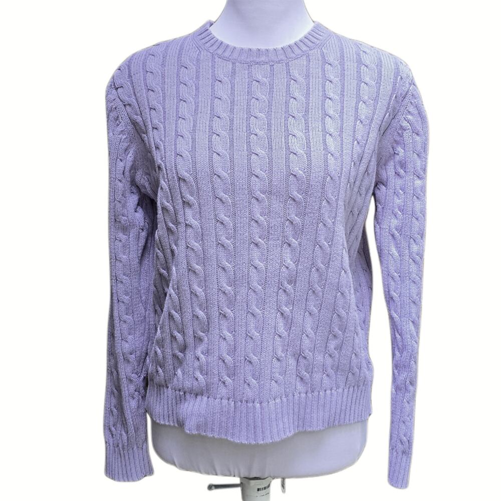 LL Bean Cable Knit Crewneck Cotton Sweater Lilac Purple Pastel Womens M Vintage